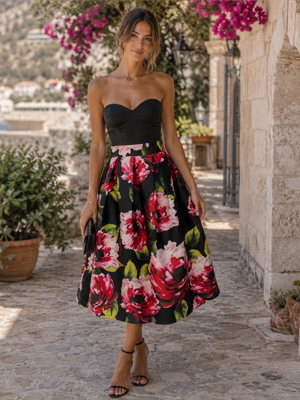 Beulah Style Black Floral A-Line Maxi Skirt Size S
